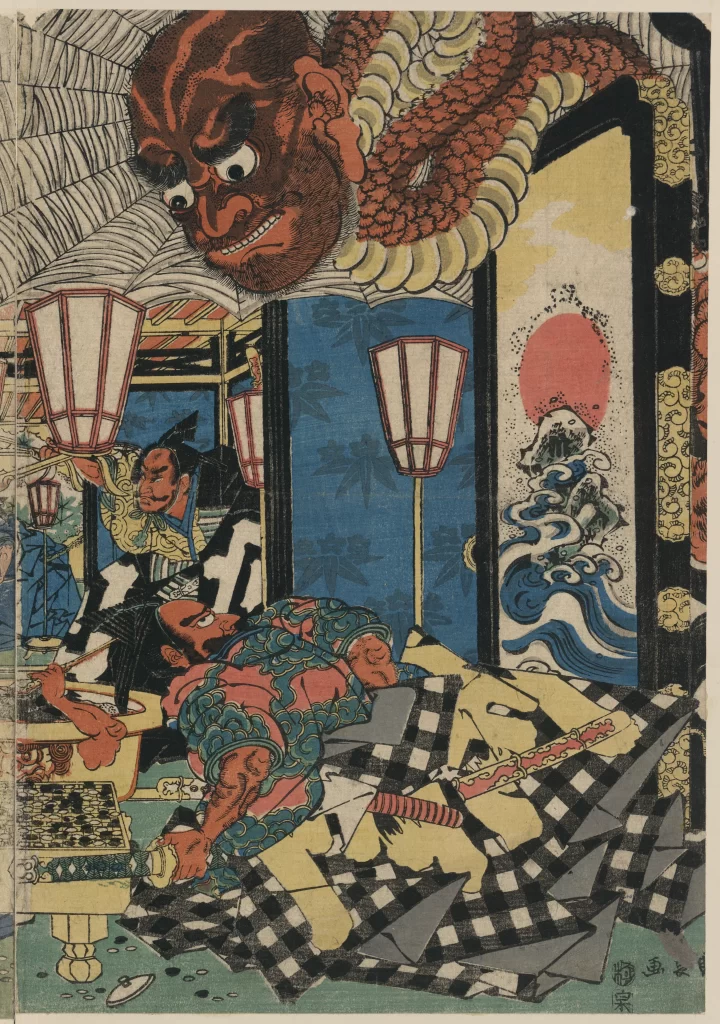 Traditional Japanese Art Ukiyo-e Samurai Mythical Creature Dynamic Scene Cultural Narrative