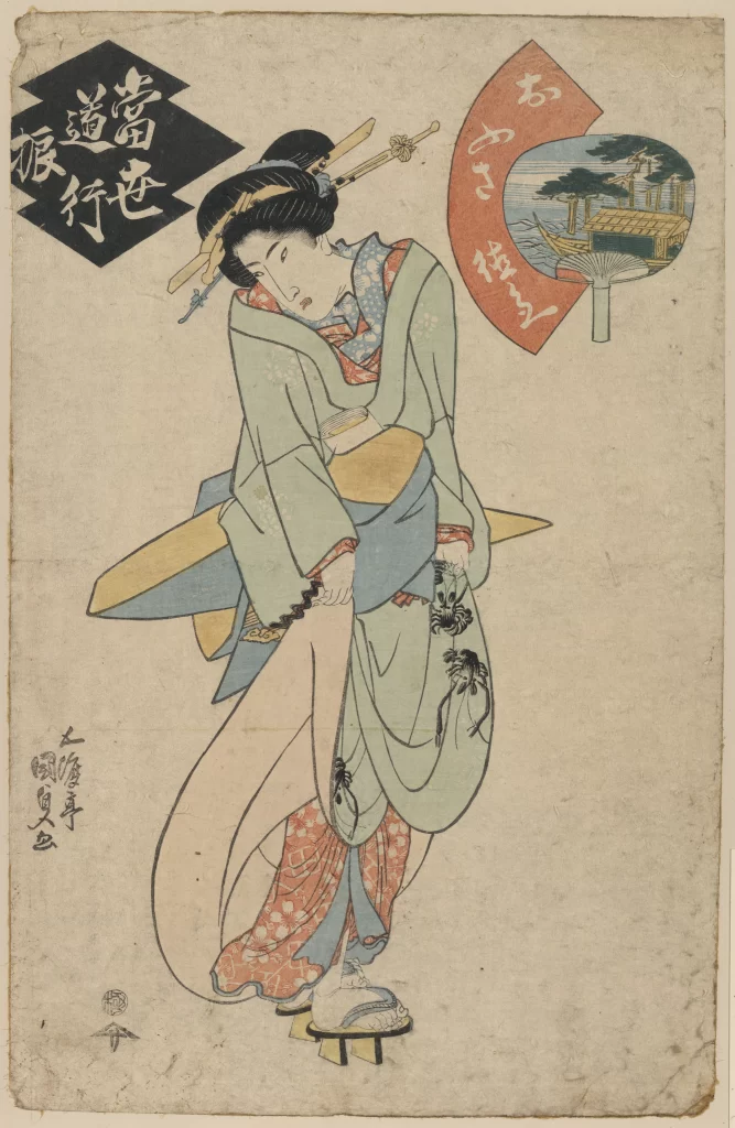 Traditional Japanese Art Ukiyo-e Woman Kimono Fan Nature