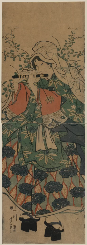 Traditional Japanese Art Ukiyo-e Woman Kimono Flute Nature