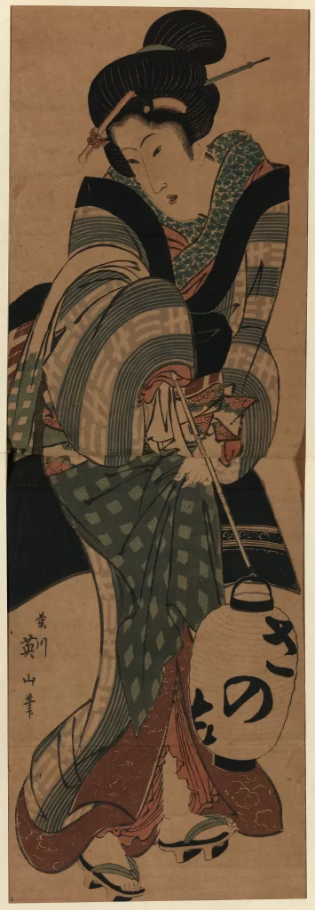 Traditional Japanese Art Ukiyo-e Woman Kimono Lantern Calligraphy