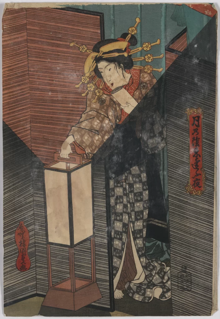 Traditional Japanese Art Ukiyo-e Woman Kimono Lantern Interior