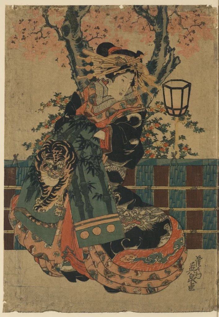 Traditional Japanese Art Ukiyo-e Woman Kimono Nature Lantern