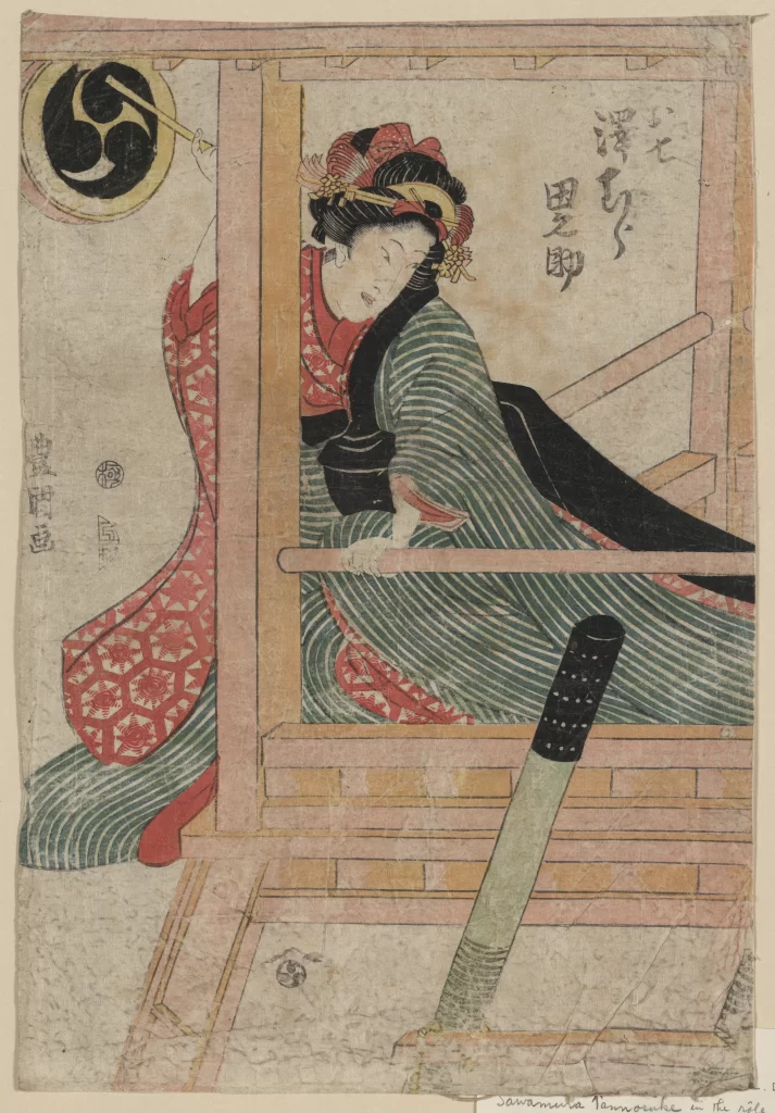 Traditional Japanese Art Ukiyo-e Woman Kimono Wooden Architecture