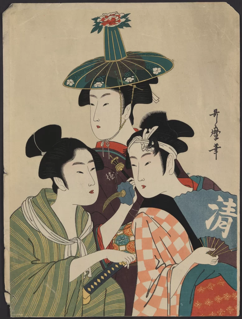 Traditional Japanese Art Ukiyo-e Women Kimonos Fans Cultural Depiction