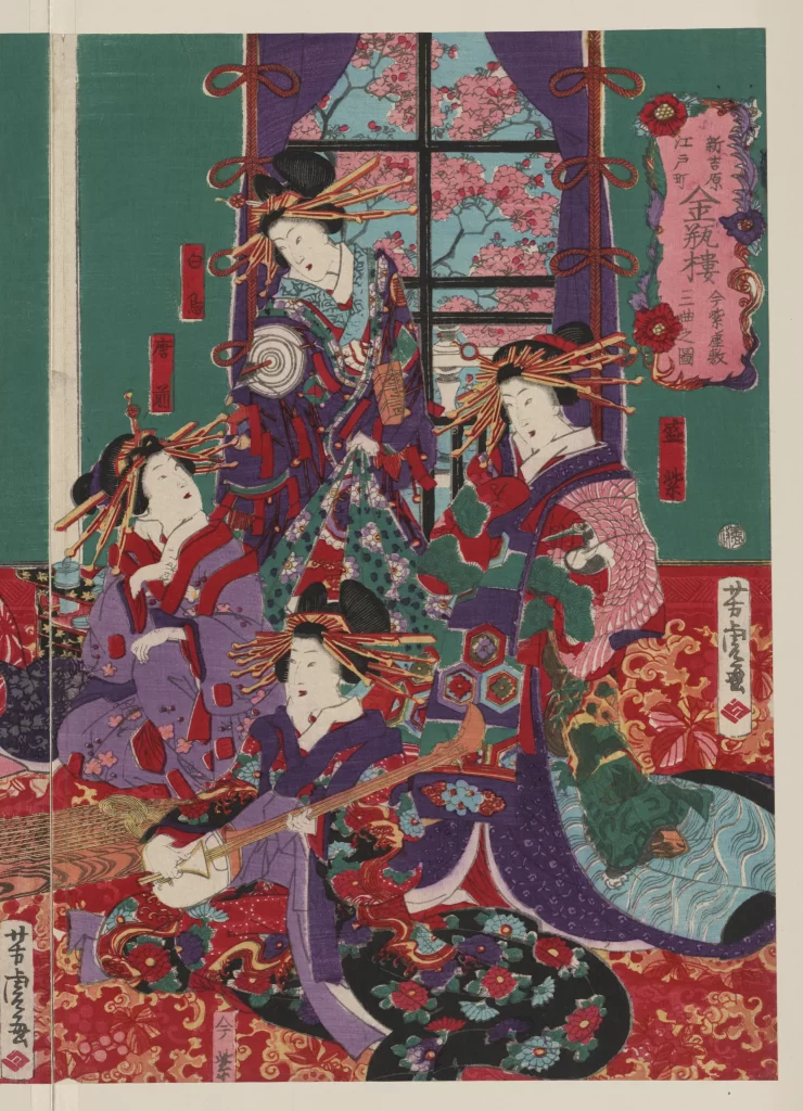 Traditional Japanese Art Ukiyo-e Women Kimonos Musical Instruments Cherry Blossoms