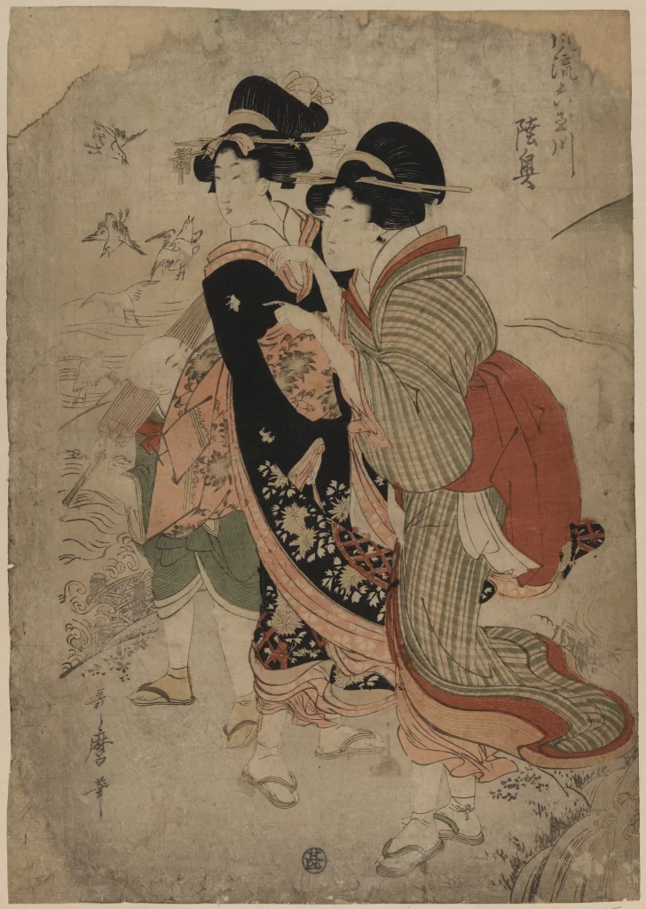 Traditional Japanese Art Ukiyo-e Women Kimonos Nature Birds