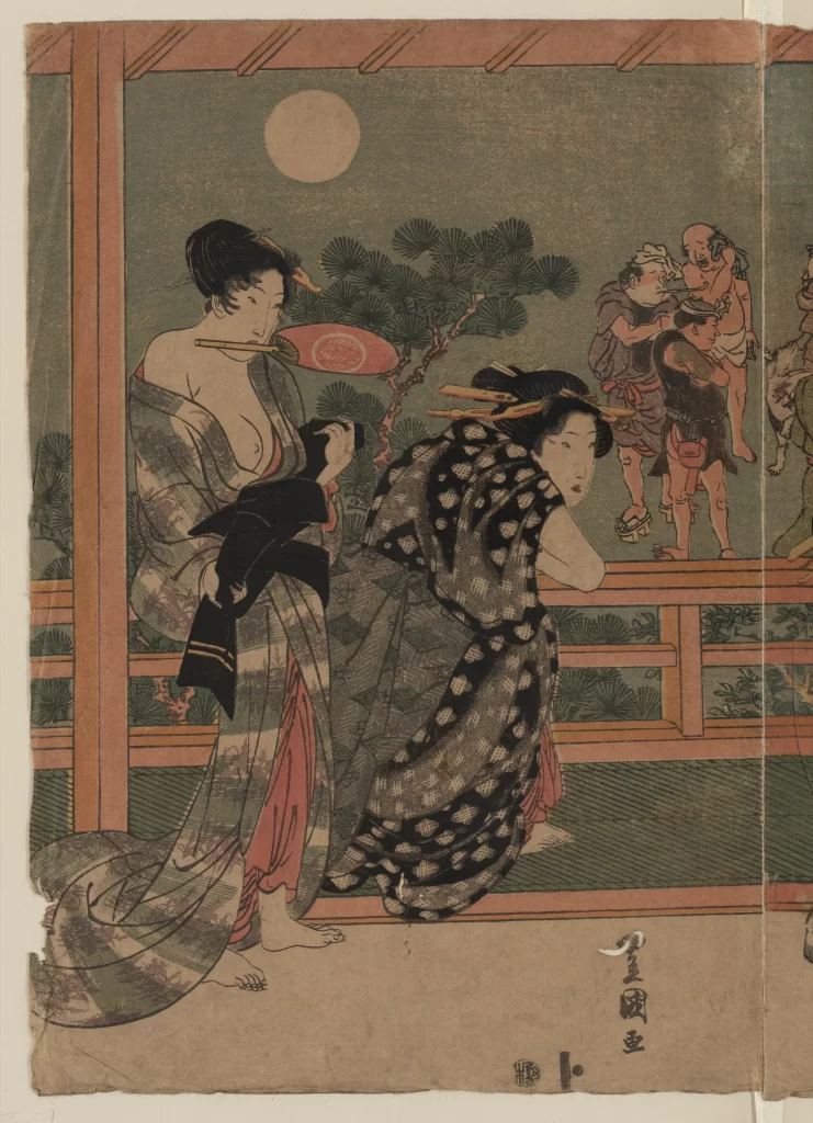 Traditional Japanese Art Ukiyo-e Women Moon Clothing Scene