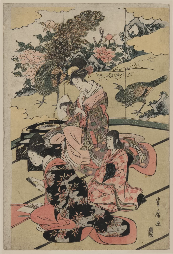 Traditional Japanese Art Ukiyo-e Women Peacocks Flowers Cultural Scene