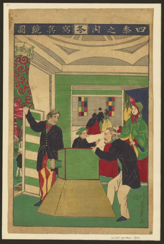 Traditional Japanese Art Ukiyo-e Woodblock Print Historical Scene Cultural Depiction Colorful Figures