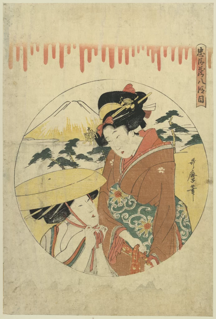 Traditional Japanese Art Ukiyoe Women Kimono Mount Fuji