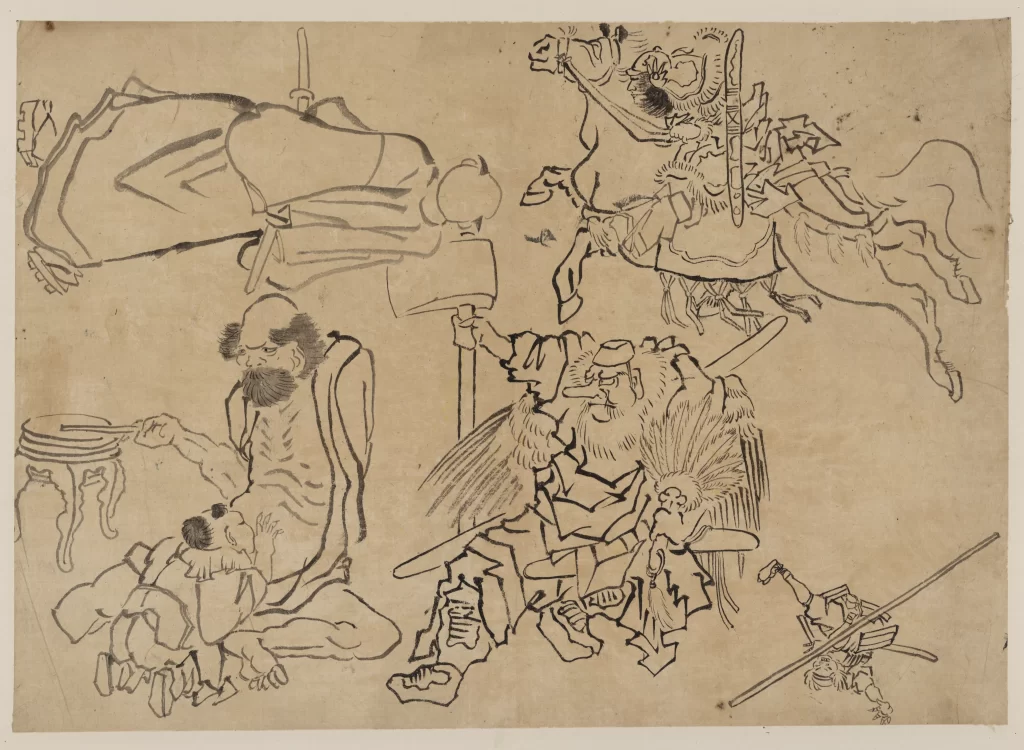 Traditional Japanese Art Warriors Horse Ink Drawing Historical Scene