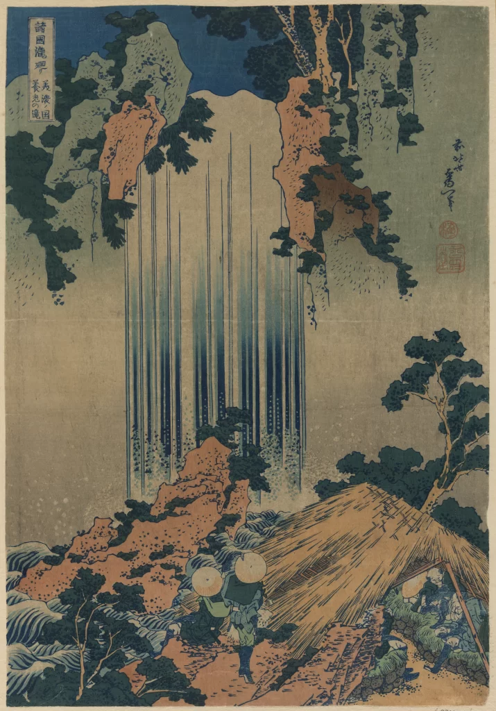 Traditional Japanese Art Waterfall Nature Travelers Woodblock Print Serene Landscape