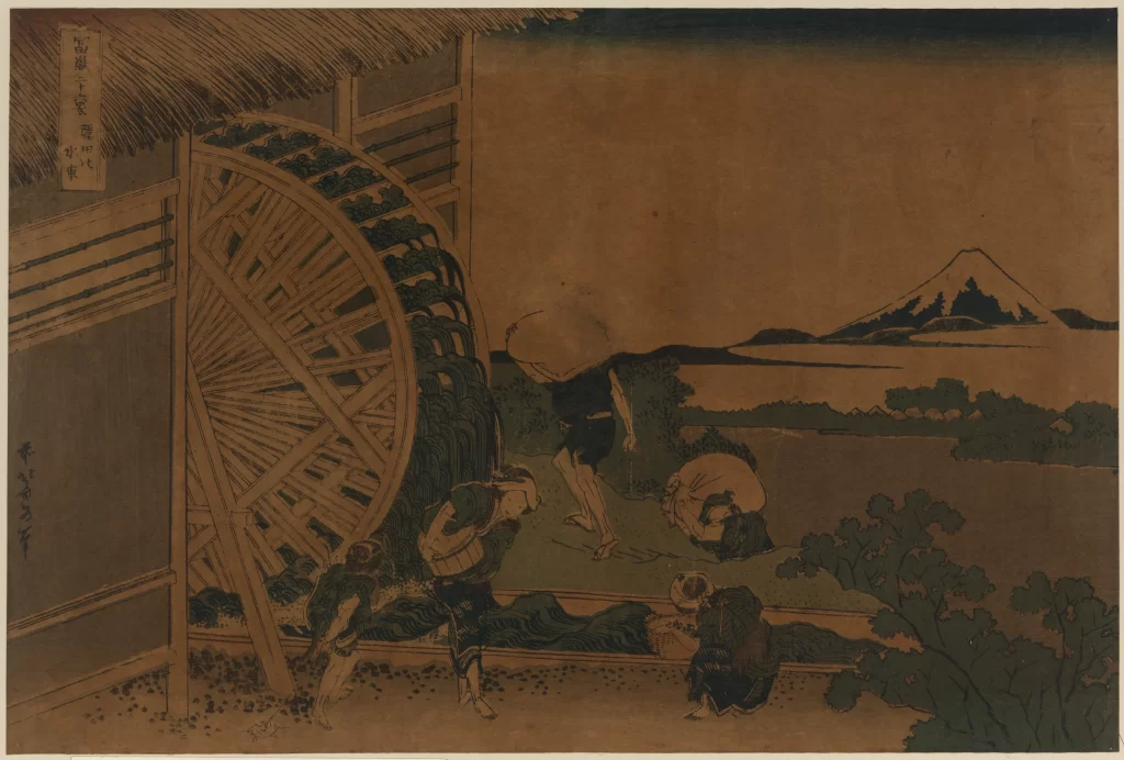 Traditional Japanese Art Waterwheel Rural Scene Mount Fuji Workers Edo Period