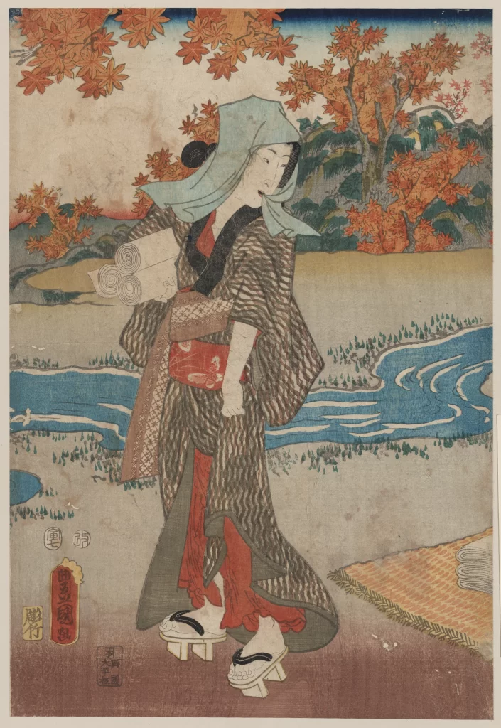 Traditional Japanese Art Woman Autumn Leaves River Kimono Wooden Clogs