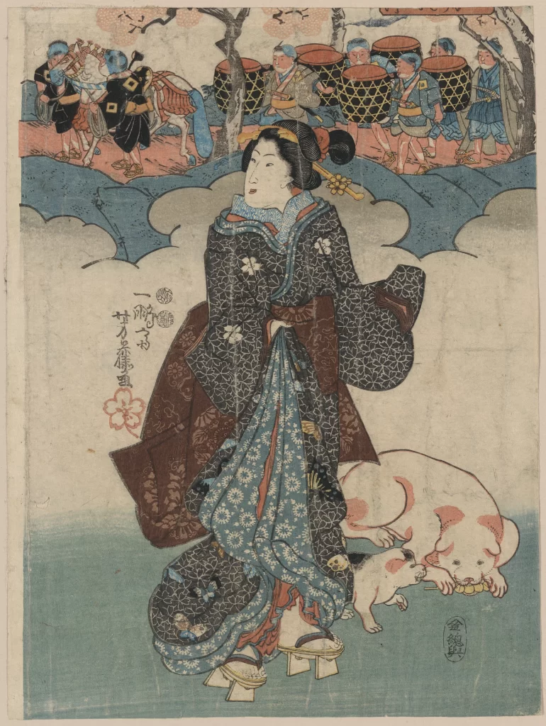 Traditional Japanese Art Woman Kimono Dog Procession Cultural Scene