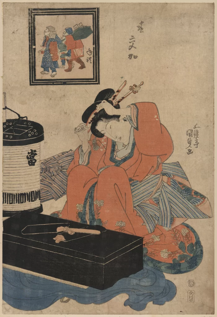 Traditional Japanese Art Woman Kimono Hair Accessory Ukiyo-e Cultural Scene