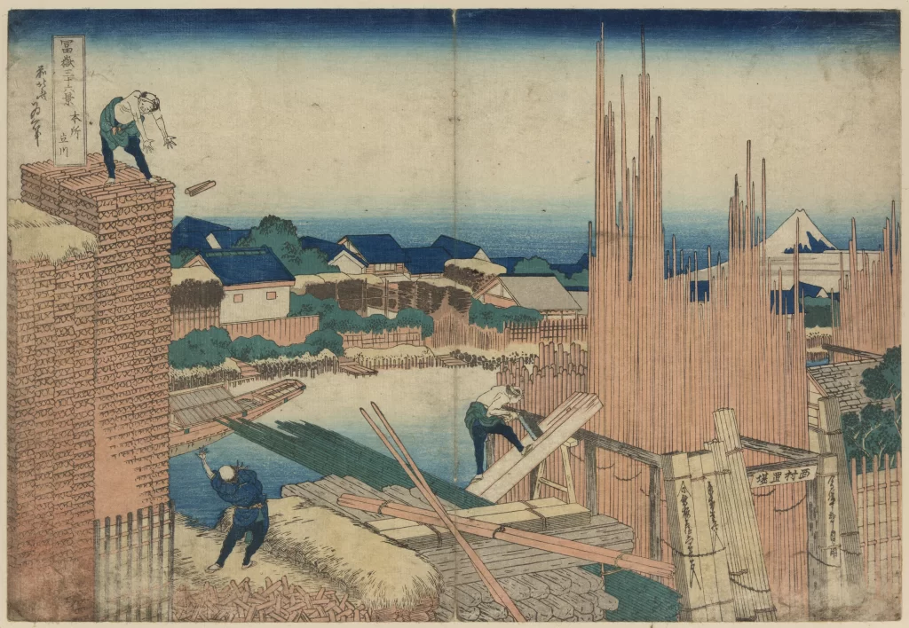 Traditional Japanese Art Woodblock Print Construction Scene Mount Fuji Workers Rural Landscape