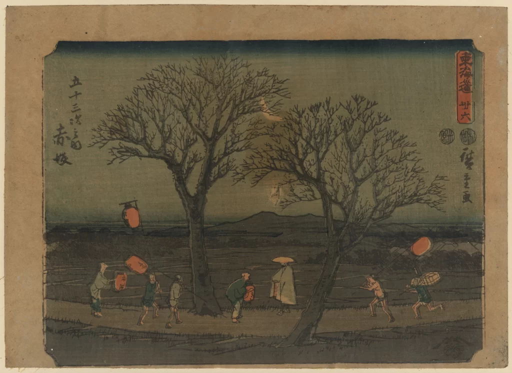 Traditional Japanese Art Woodblock Print Landscape Trees Figures Lanterns