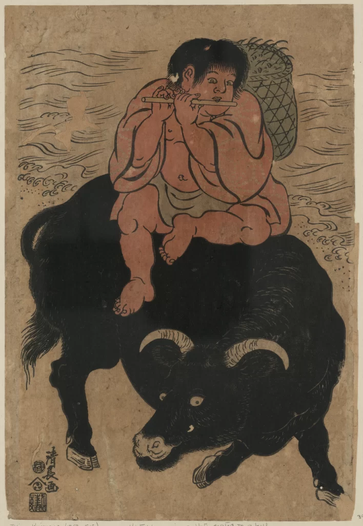 Traditional Japanese Art Woodblock Print Sumo Wrestler Bull Flute Waves