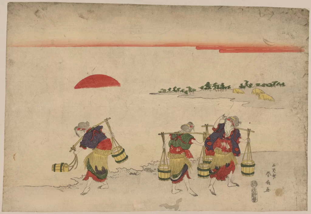 Traditional Japanese Art Woodblock Print Women Sunset Rural Scene Cultural Depiction