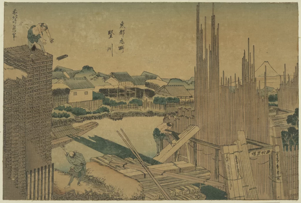 Traditional Japanese Art Woodblock Print Workers Construction Scenery