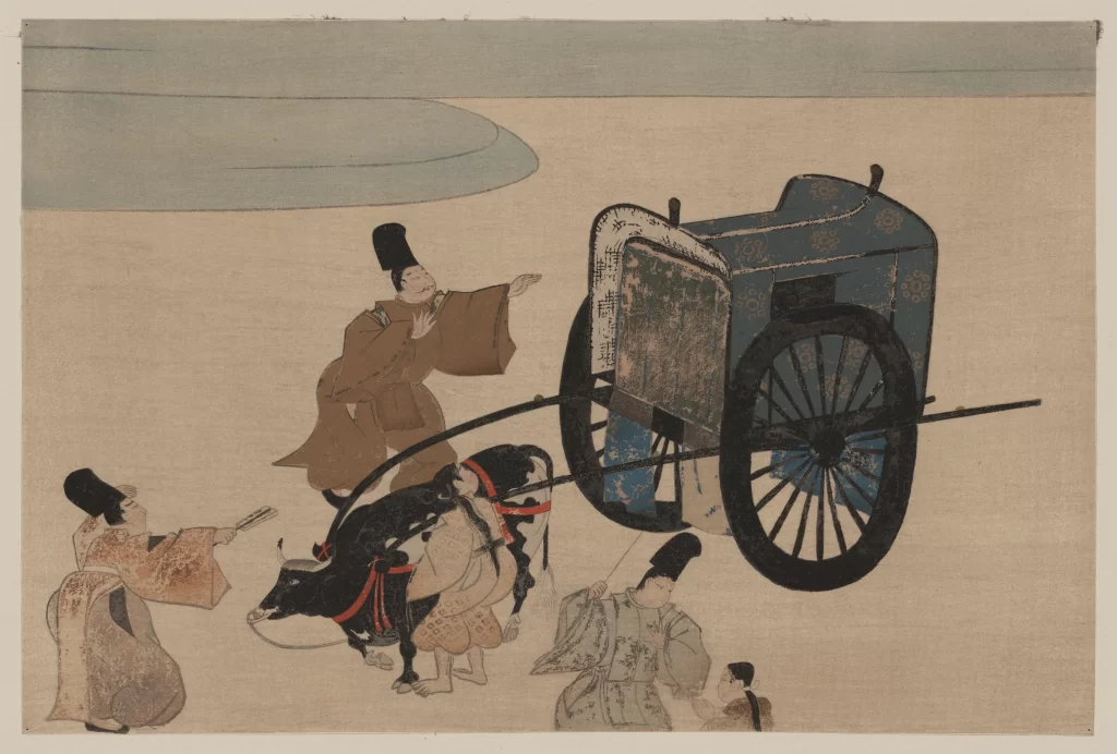 Traditional Japanese Artwork Carriage Oxen Historical
