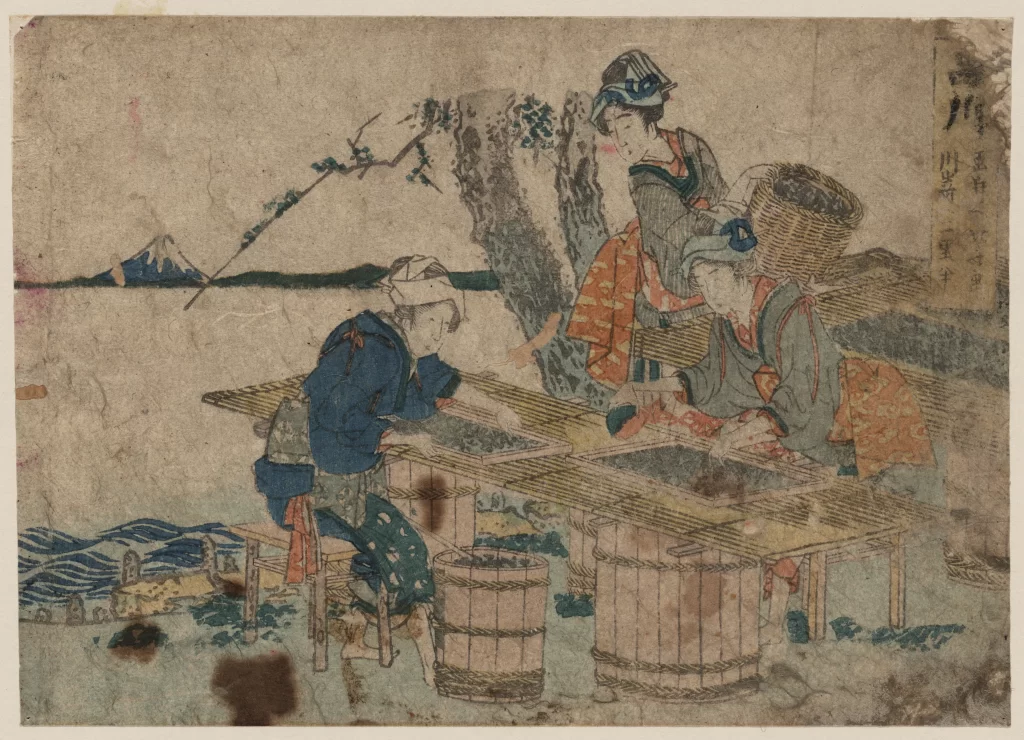 Traditional Japanese Artwork Historical Scene Cultural Depiction Mount Fuji Everyday Life