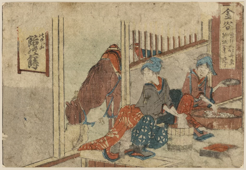 Traditional Japanese Artwork People Horse Daily Life Cultural Scene