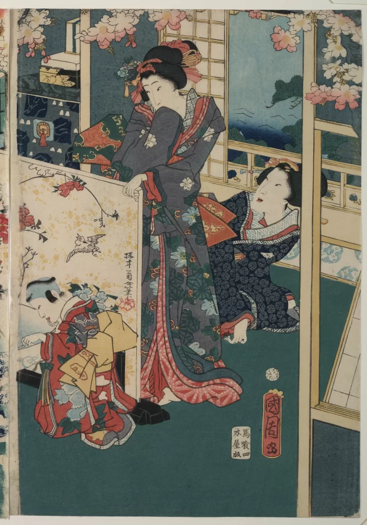 Traditional Japanese Attire Cherry Blossoms Interior Setting Ukiyo-e Art Cultural Scene