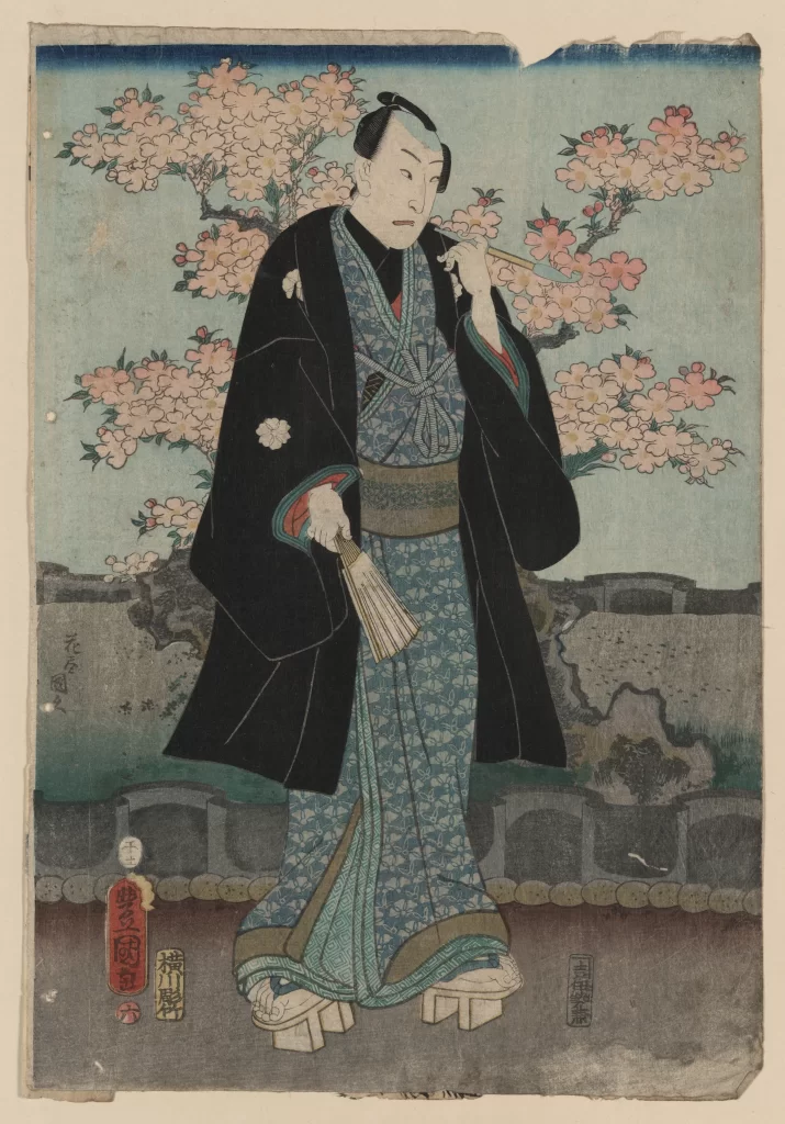 Traditional Japanese Attire Cherry Blossoms Ukiyo-e Woodblock Print Historical Figure Cultural Heritage