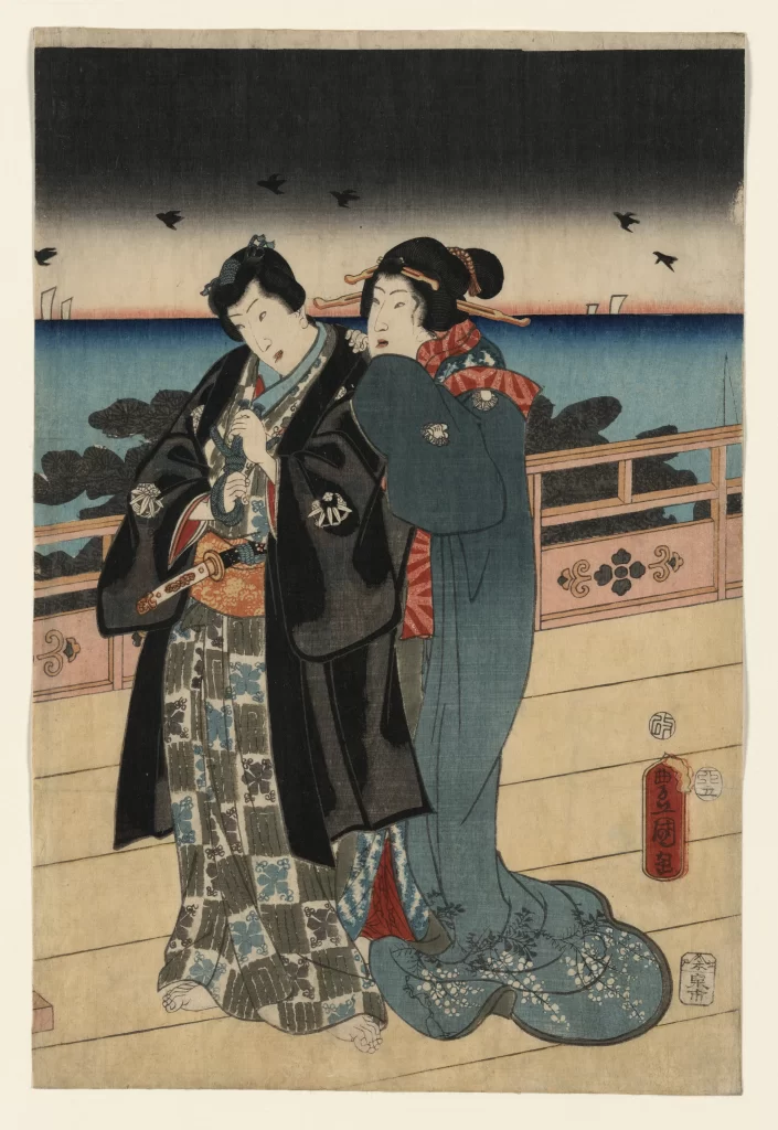 Traditional Japanese Attire Couple Evening Scene Birds Historical Setting Ukiyo-e Art