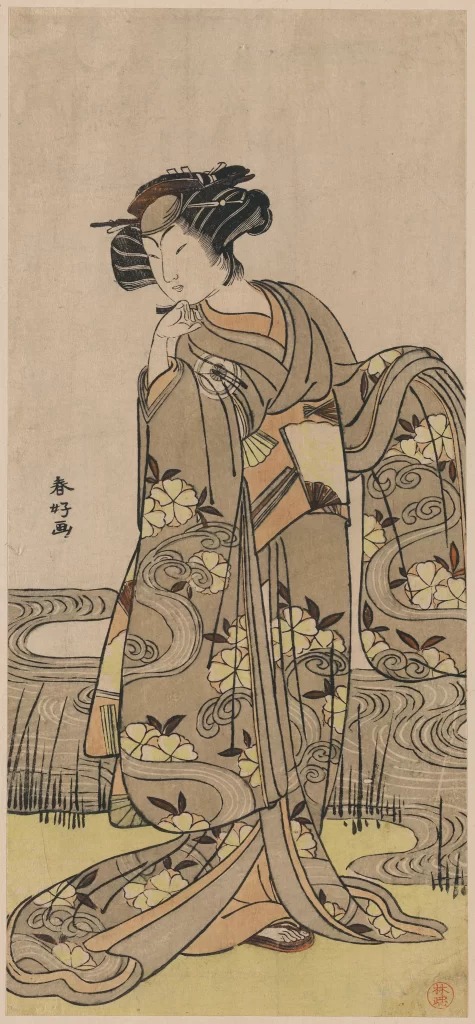 Traditional Japanese Attire Elegant Woman Floral Patterns Contemplative Pose Ukiyo-e Art Style Cultural Heritage