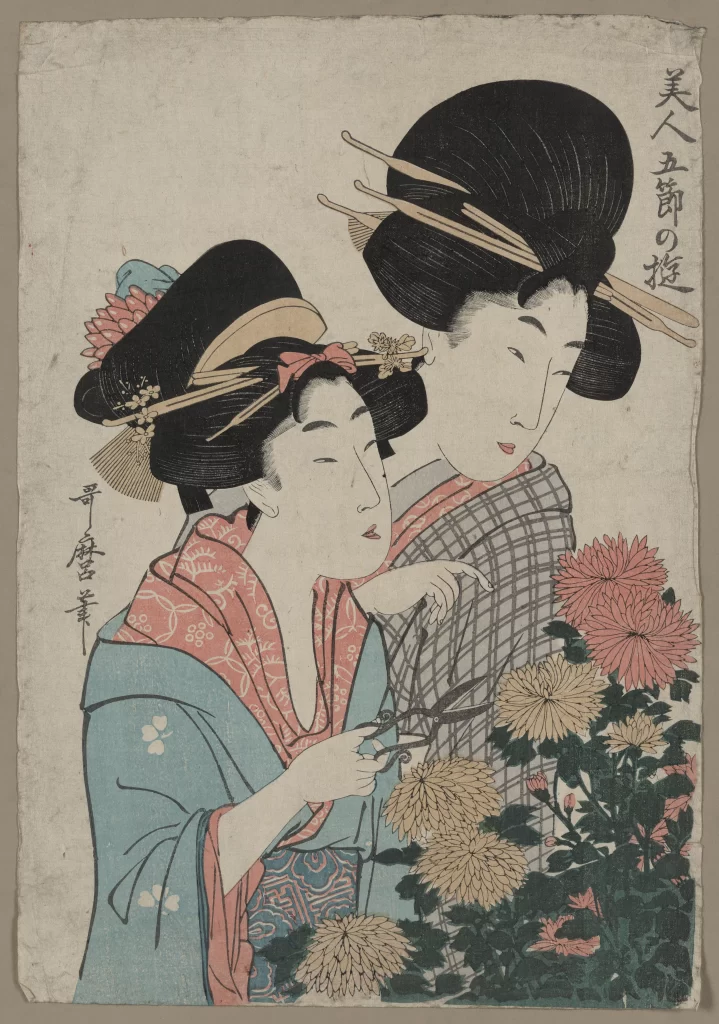 Traditional Japanese Attire Floral Arrangement Intricate Hairstyle Ukiyo-e Art Cultural Depiction
