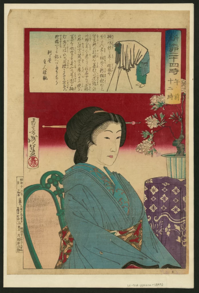 Traditional Japanese Attire Floral Arrangement Red Background Ukiyo-e Style Cultural Symbolism Historical Art