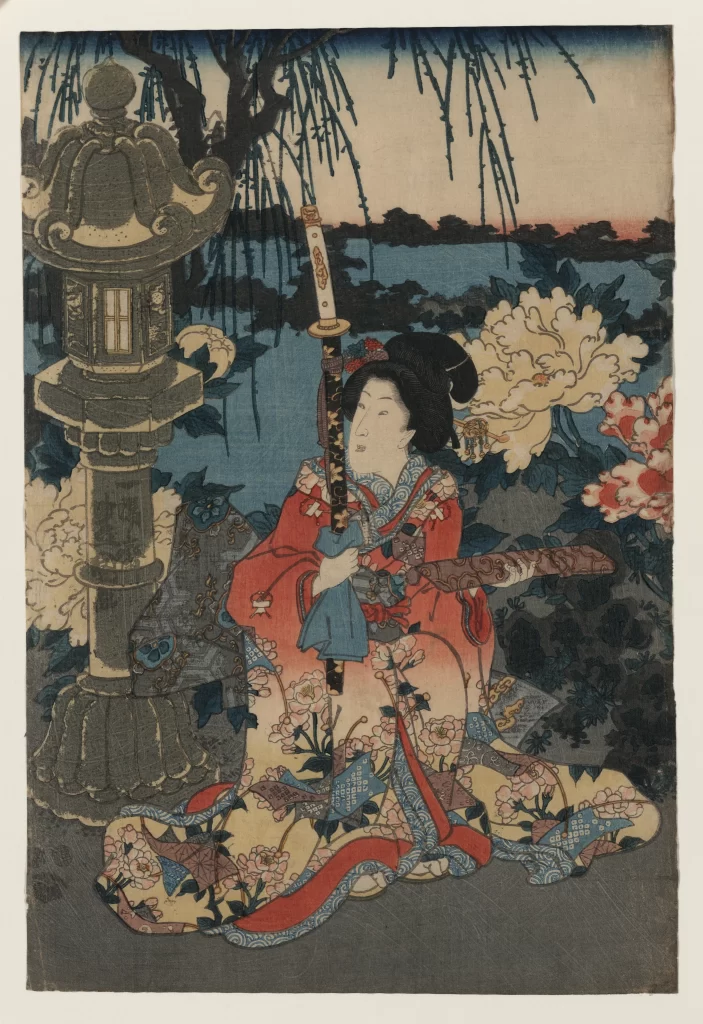 Traditional Japanese Attire Garden Lantern Peonies Nature Elegance