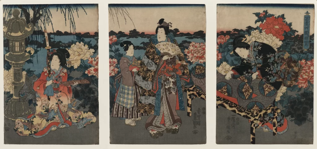 Traditional Japanese Attire Garden Setting Peonies Lantern Ukiyo-e Art Cultural Scene