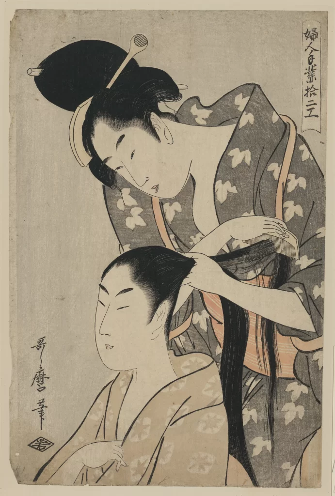 Traditional Japanese Attire Hairdressing Ukiyo-e Woodblock Print Cultural Scene Historical Art