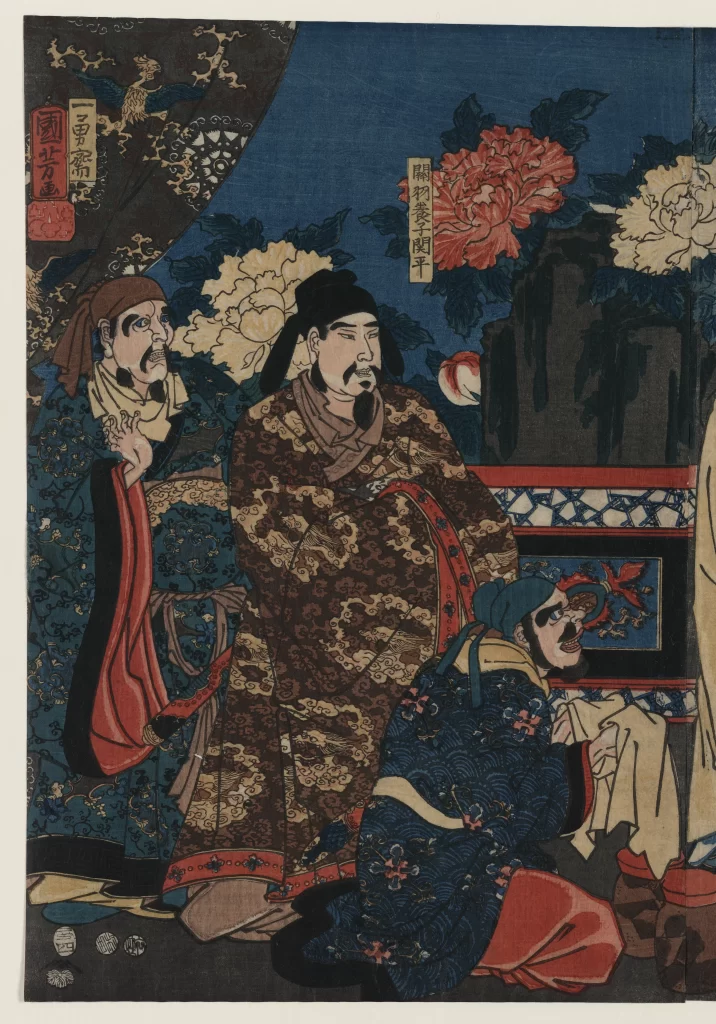 Traditional Japanese Attire Historical Figures Rich Patterns Ukiyo-e Art Cultural Scene Detailed Costumes