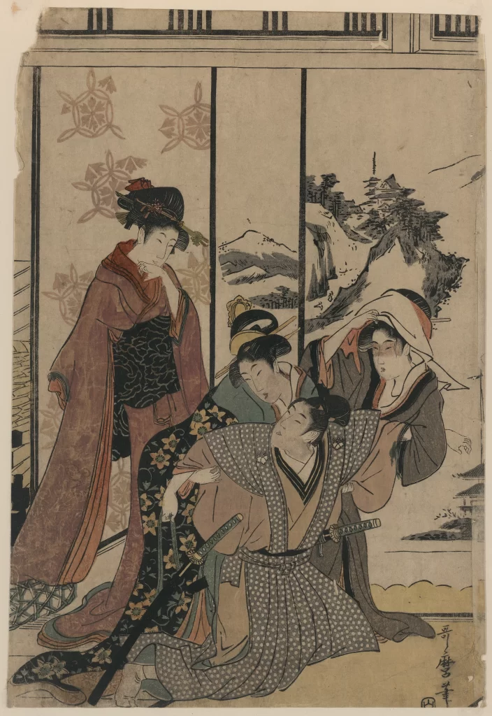 Traditional Japanese Attire Historical Scene Cultural Setting Ukiyo-e Art Detailed Costumes Historical Narrative