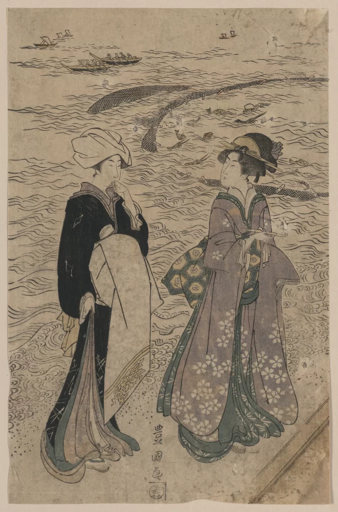 Traditional Japanese Attire Historical Scene Ocean View Cultural Art Ukiyo-e Print
