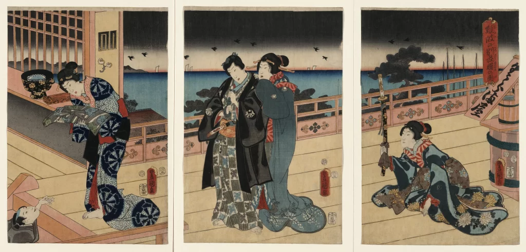 Traditional Japanese Attire Historical Setting Ukiyo-e Art Cultural Scene Detailed Costumes