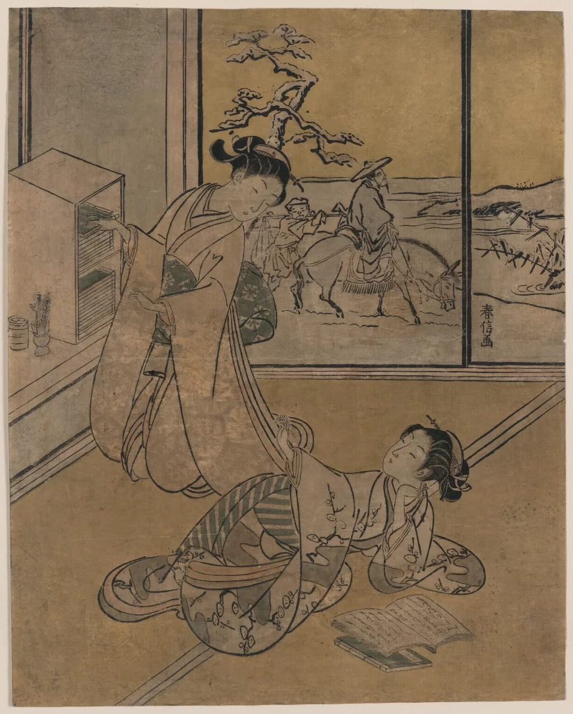 Traditional Japanese Attire Indoor Setting Open Book Nature View Daily Life Scene