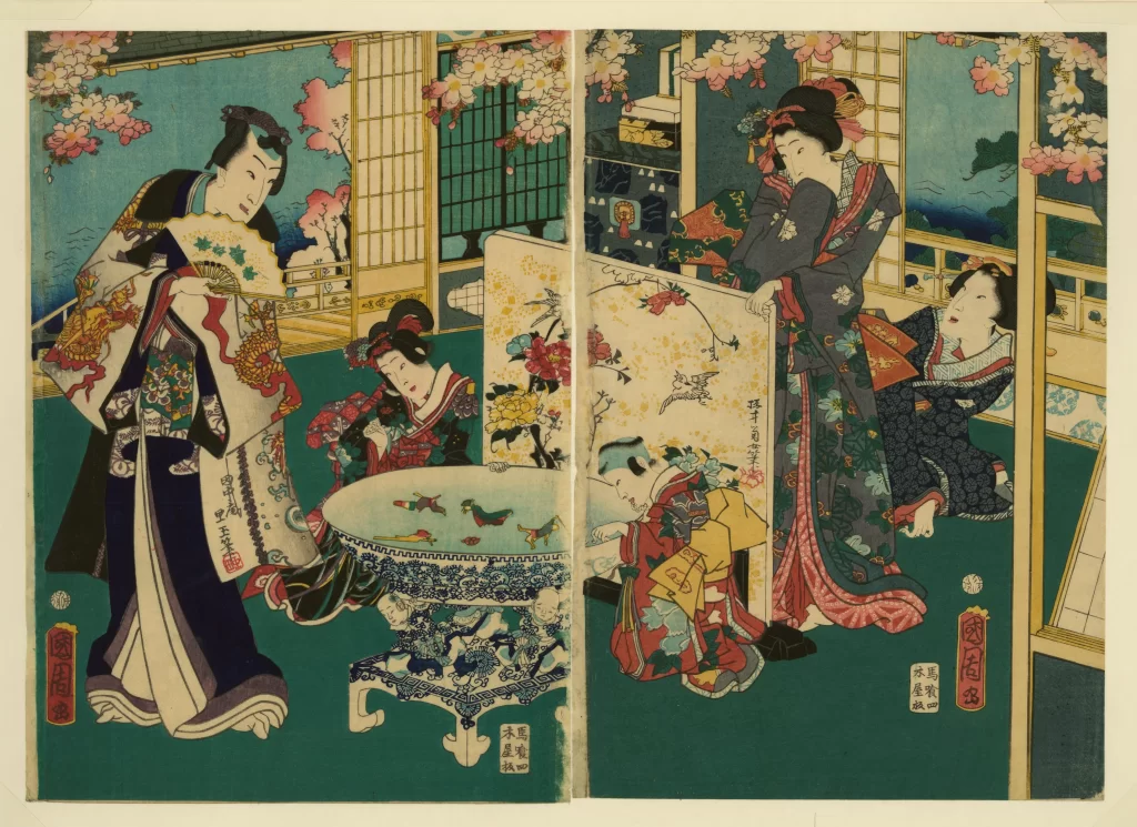 Traditional Japanese Attire Interior Setting Cherry Blossoms Cultural Elements Artistic Style Historical Scene