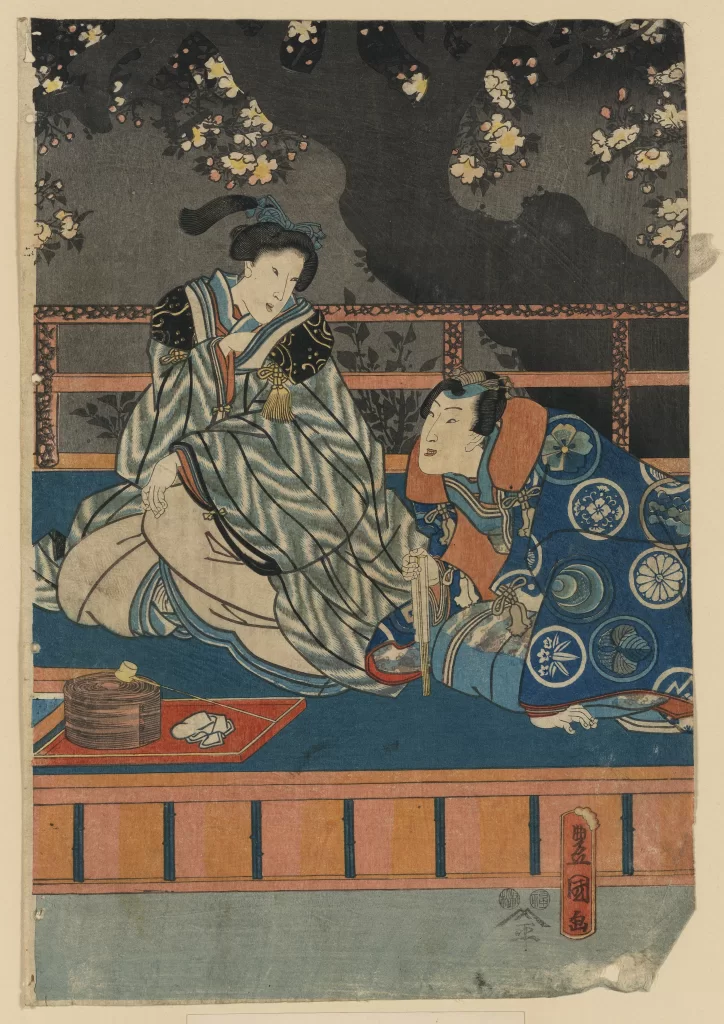 Traditional Japanese Attire Intimate Interaction Cherry Blossoms Historical Setting Cultural Depiction Ukiyo-e Art Style