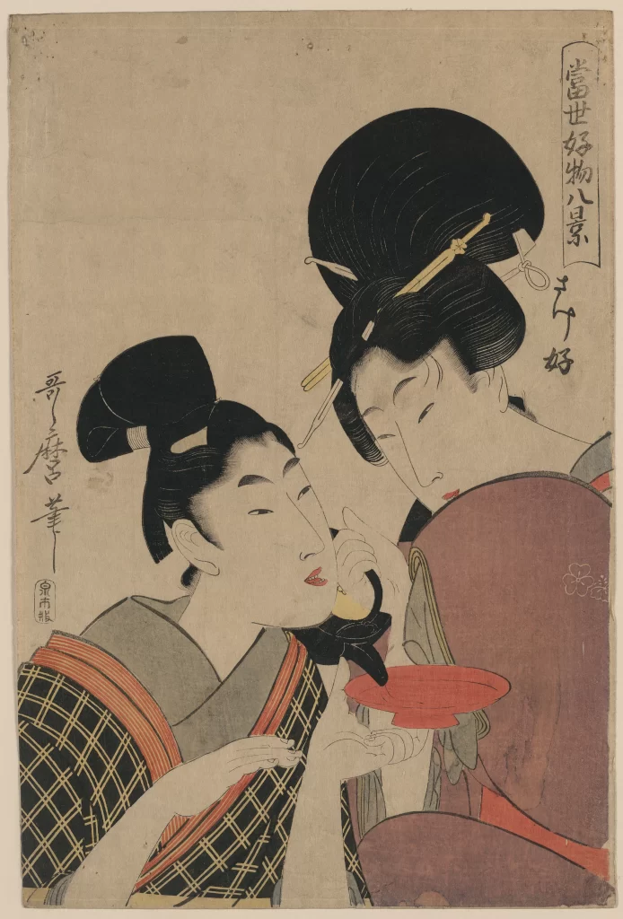 Traditional Japanese Attire Intimate Interaction Ukiyo-e Style Cultural Setting Detailed Hair Ornaments Historical Depiction