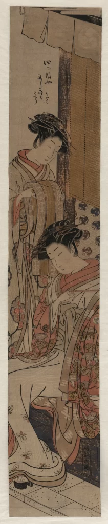 Traditional Japanese Attire Intimate Moment Ukiyo-e Style Indoor Setting Detailed Clothing Historical Scene
