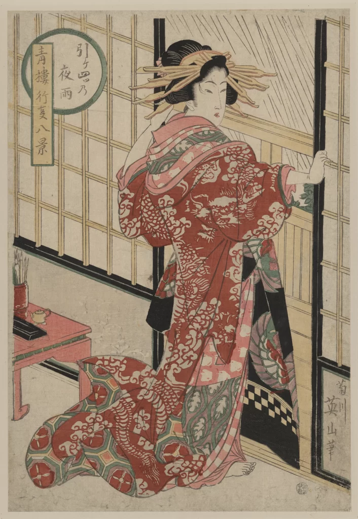 Traditional Japanese Attire Kimono Ukiyo-e Rain Interior Woman