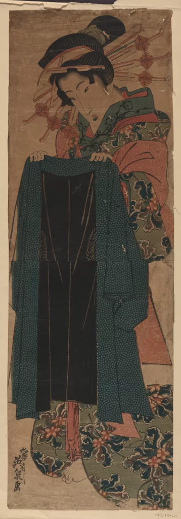 Traditional Japanese Attire Kimono Ukiyo-e Woodblock Print Floral Patterns Cultural Art