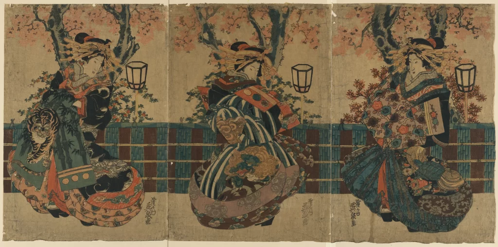Traditional Japanese Attire Lanterns Cherry Blossoms Women Ukiyo-e Art Nature