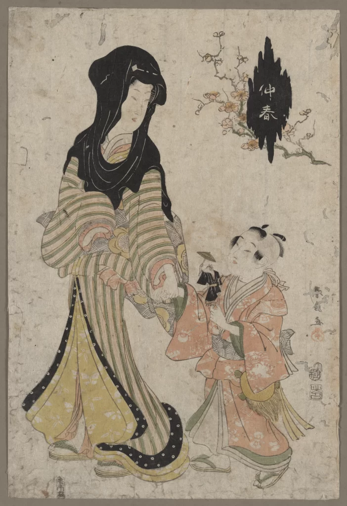 Traditional Japanese Attire Mother And Child Cherry Blossoms Edo Period Cultural Depiction